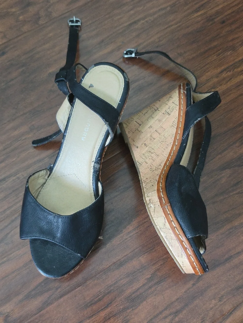 Black Wedge Sandals with Cork Heel - Women
